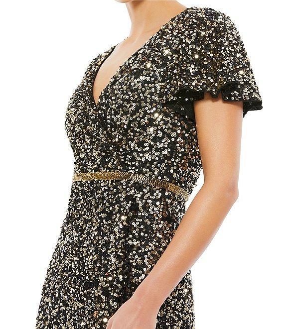 Mac Duggal Sequin V-Neck Short Flutter Sleeve Front Slit Gown Product Image