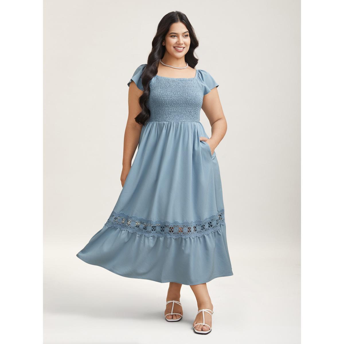 Plus Size Shirred Stretchy Waist Lace Trim Midi Dress Skyblue Women Elegant Woven ribbon&lace trim Square Neck Sleeveless Curvy BloomChic 18-20/2X Product Image