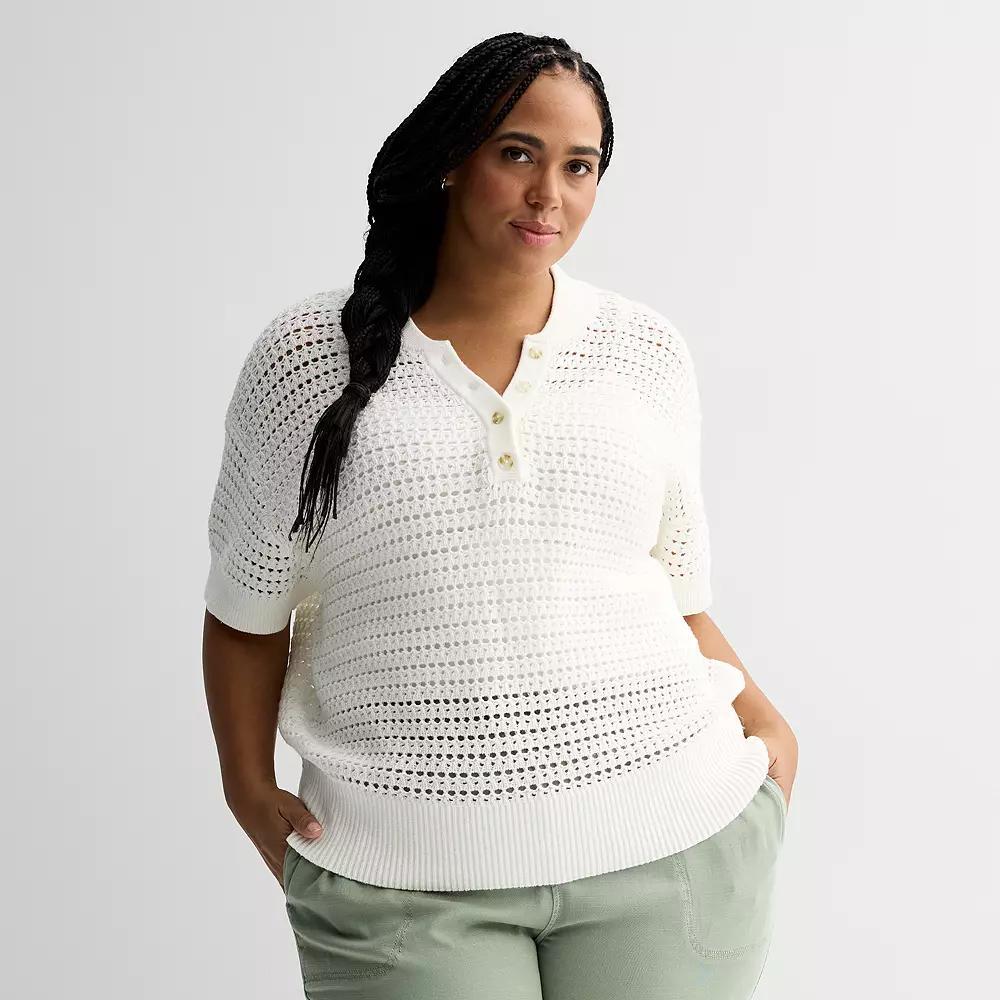 Plus Size Sonoma Goods For Life® Short Sleeve Henley Sweater, Women's, Size: 2XL, Ivory Silk Product Image