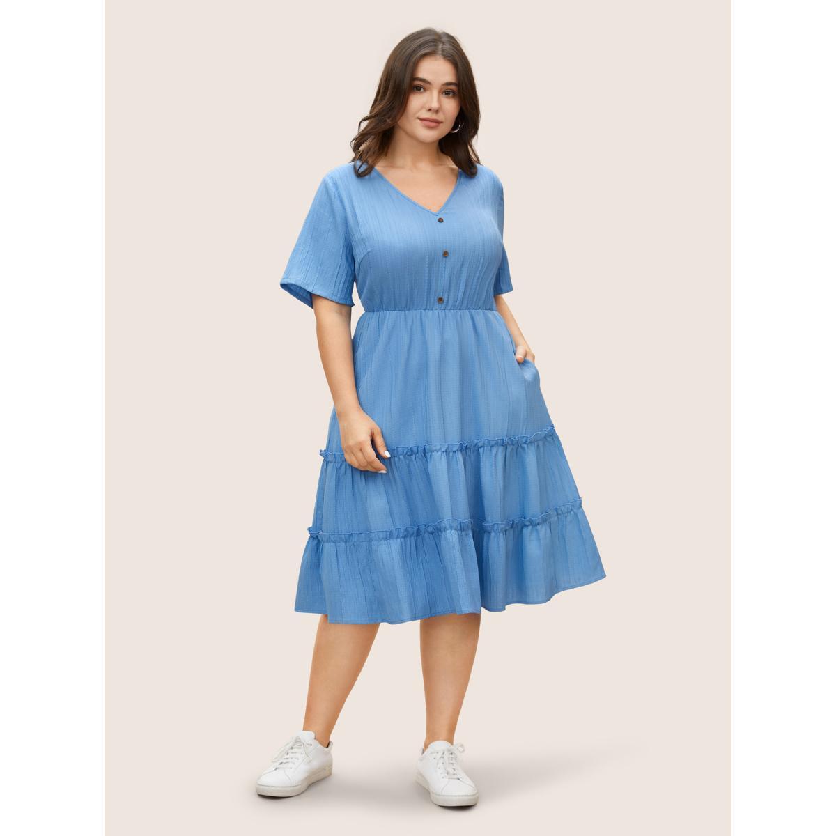 Plus Size Solid Button Detail Ruffle Layered Hem Dress LightBlue Women Casual V-neck Short sleeve Curvy Knee Dress BloomChic 22-24/3X Product Image