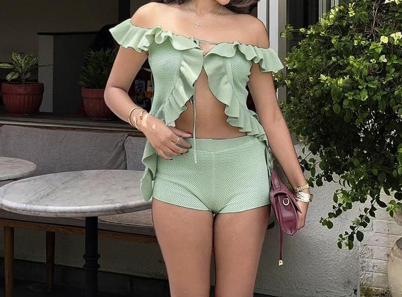 Set: Sleeveless Off Shoulder Plain Ruffle Panel Tie Front Top + High Waist Shorts Product Image