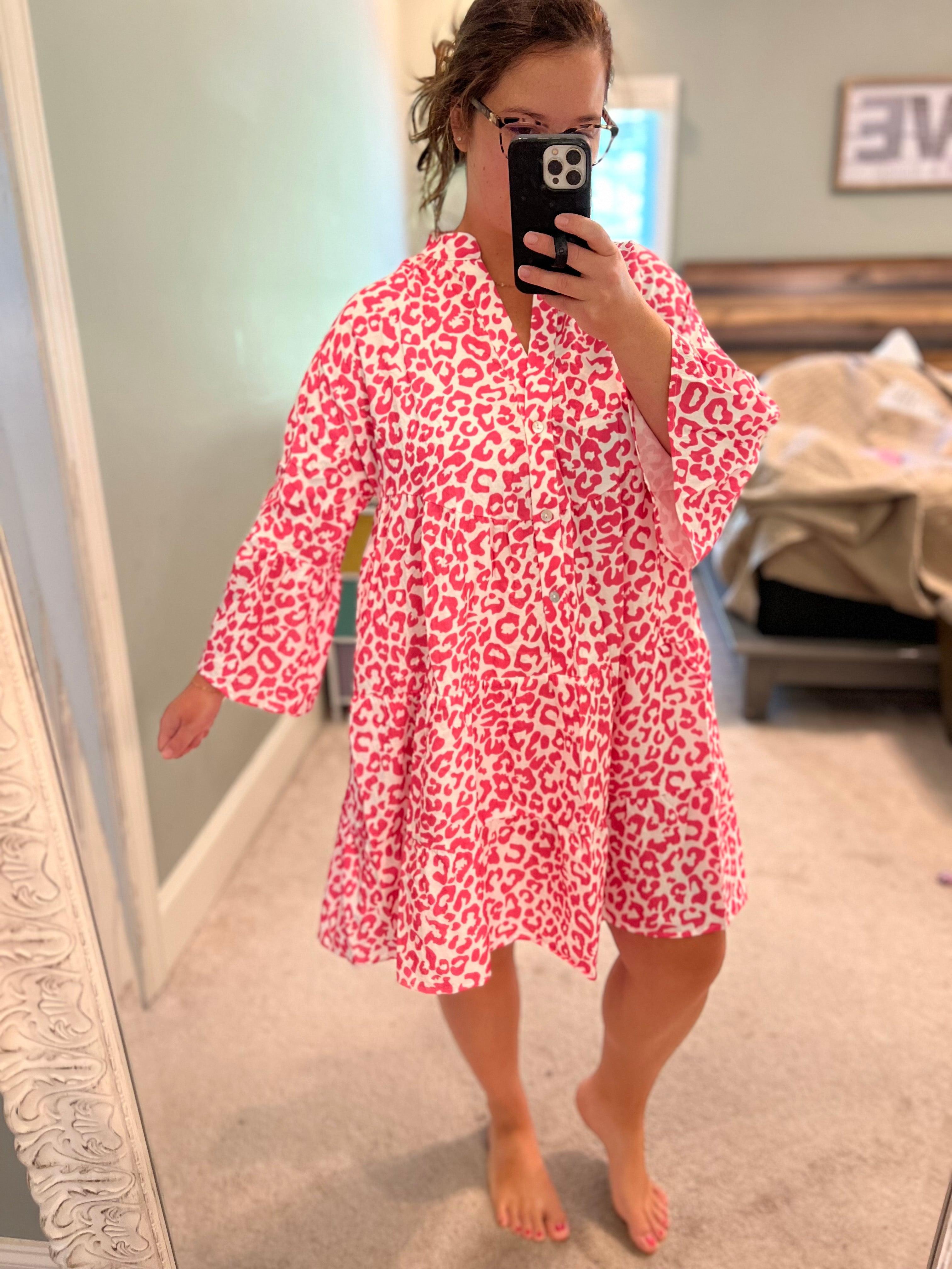 Leopard Long Sleeve Mini Dress: Bright Pink Product Image