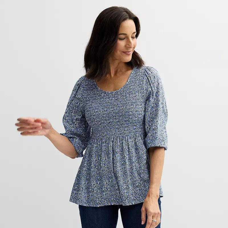 Womens Croft & Barrow Three-Quarter Sleeve Smocked Blouse Product Image