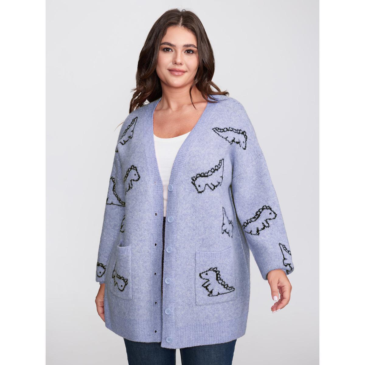 Plus Size Jacquard Dinosaur Print Knit Cardigan LightBlue Women Playful Loose Long Sleeve Casual Cardigans BloomChic 30/6X Product Image