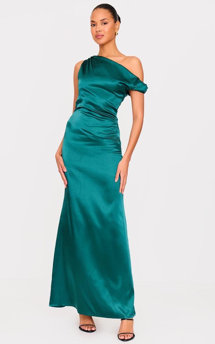 Emerald Green Satin Asymmetric Sleeveless Maxi Dress Product Image