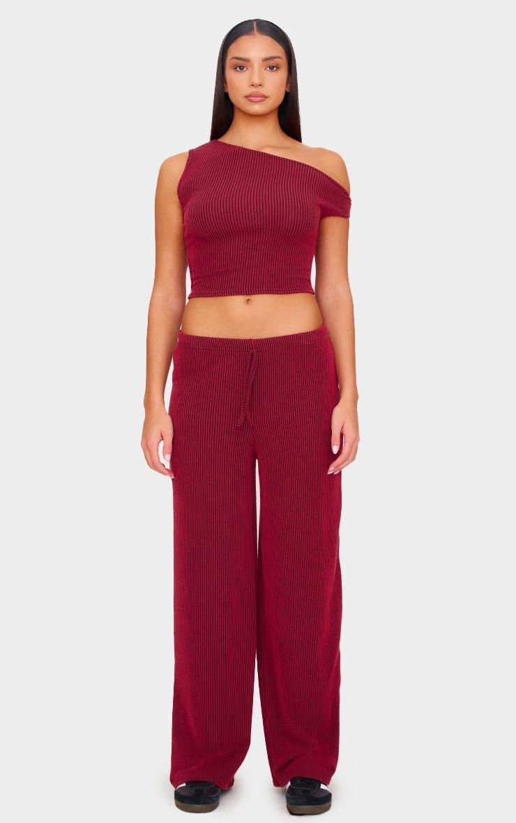 Burgundy Two Tone Crinkle Rib Off Shoulder Top Product Image