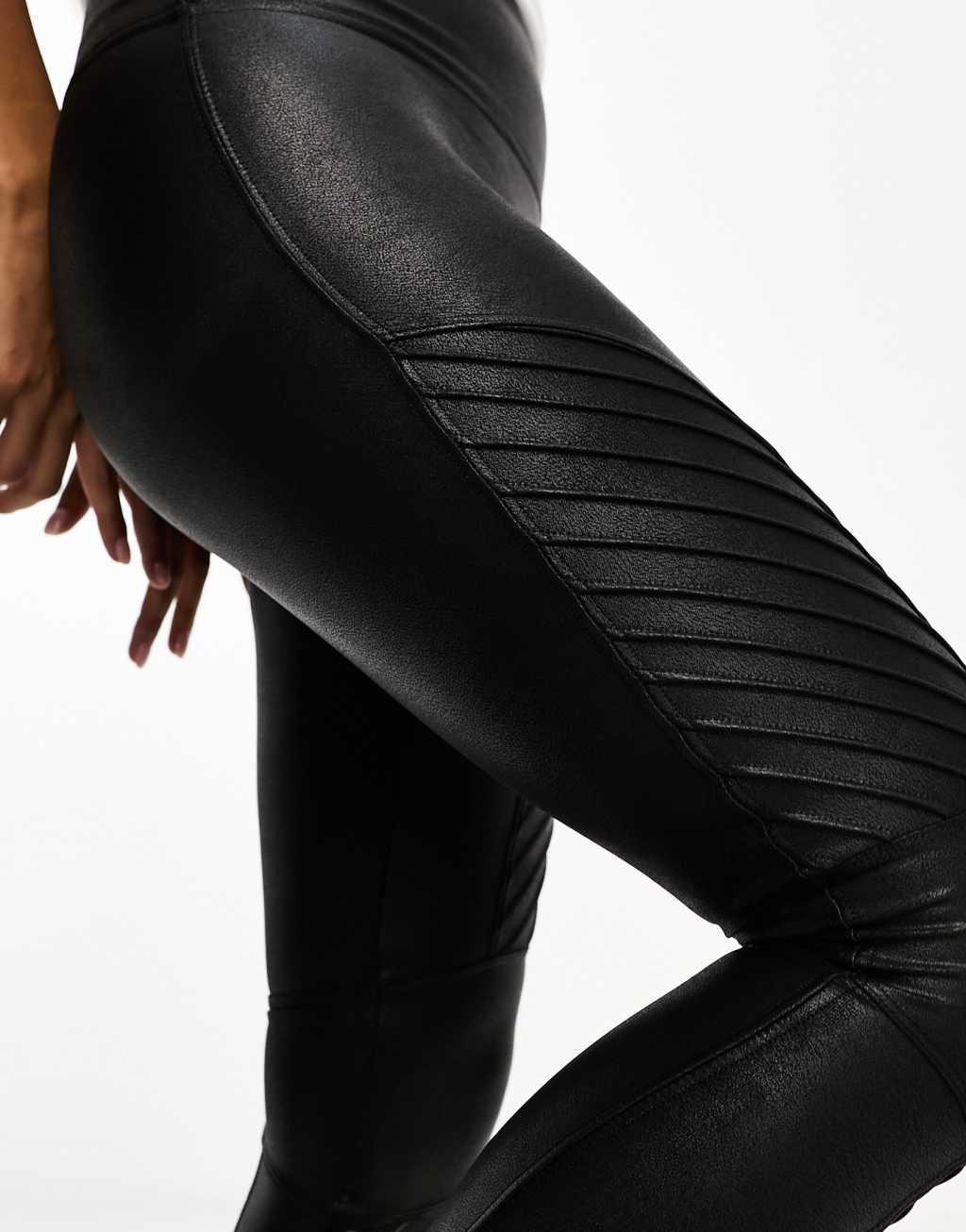 Spanx Petite leather look biker leggings in black Product Image