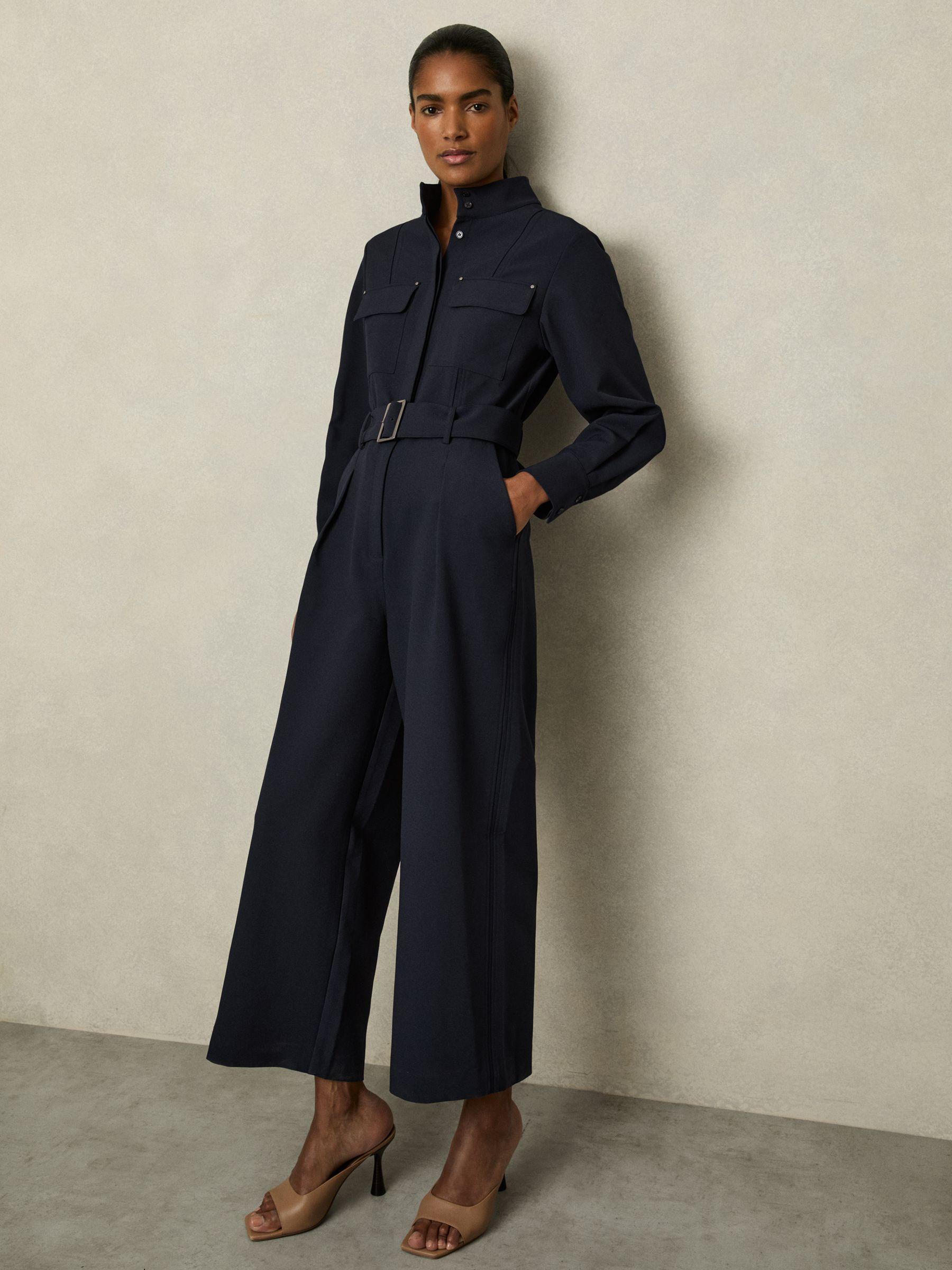 Tailored Wide Leg Utility Jumpsuit in Navy Product Image