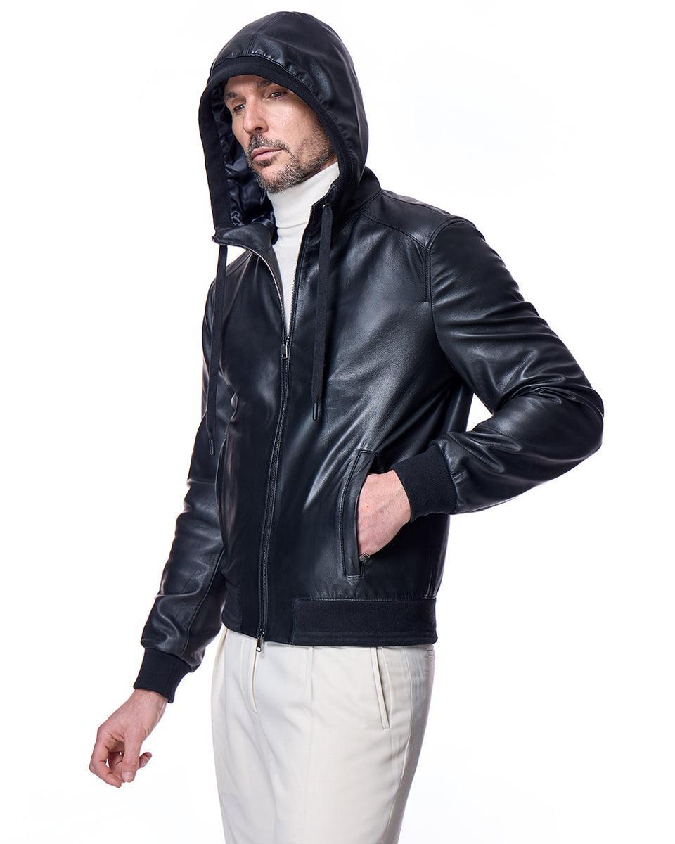 Men's Slim Fit Leather Hooded Jacket Product Image