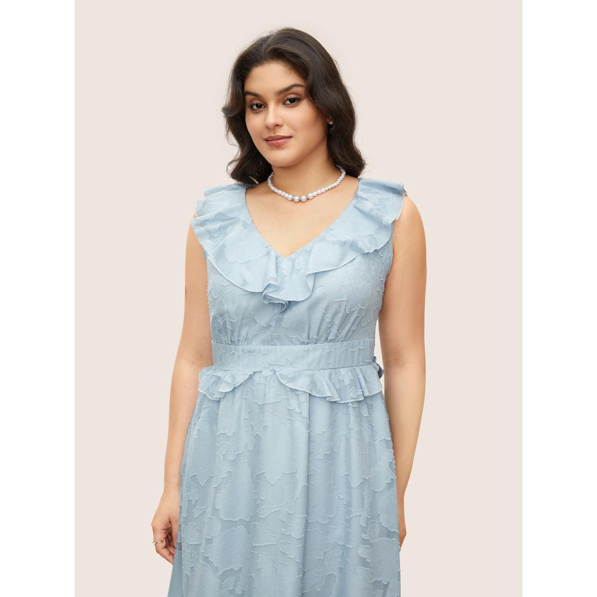 Plus Size Plisse Ruffle Trim Gathered Sleeveless Dress LightBlue Women Elegant Texture V-neck Sleeveless Curvy BloomChic 26/4X Product Image