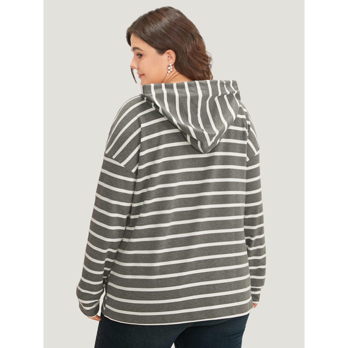 Plus Size Striped Button Up Hooded Sweatshirt Women Gray Casual Button Hooded Dailywear Sweatshirts BloomChic 10/M Product Image