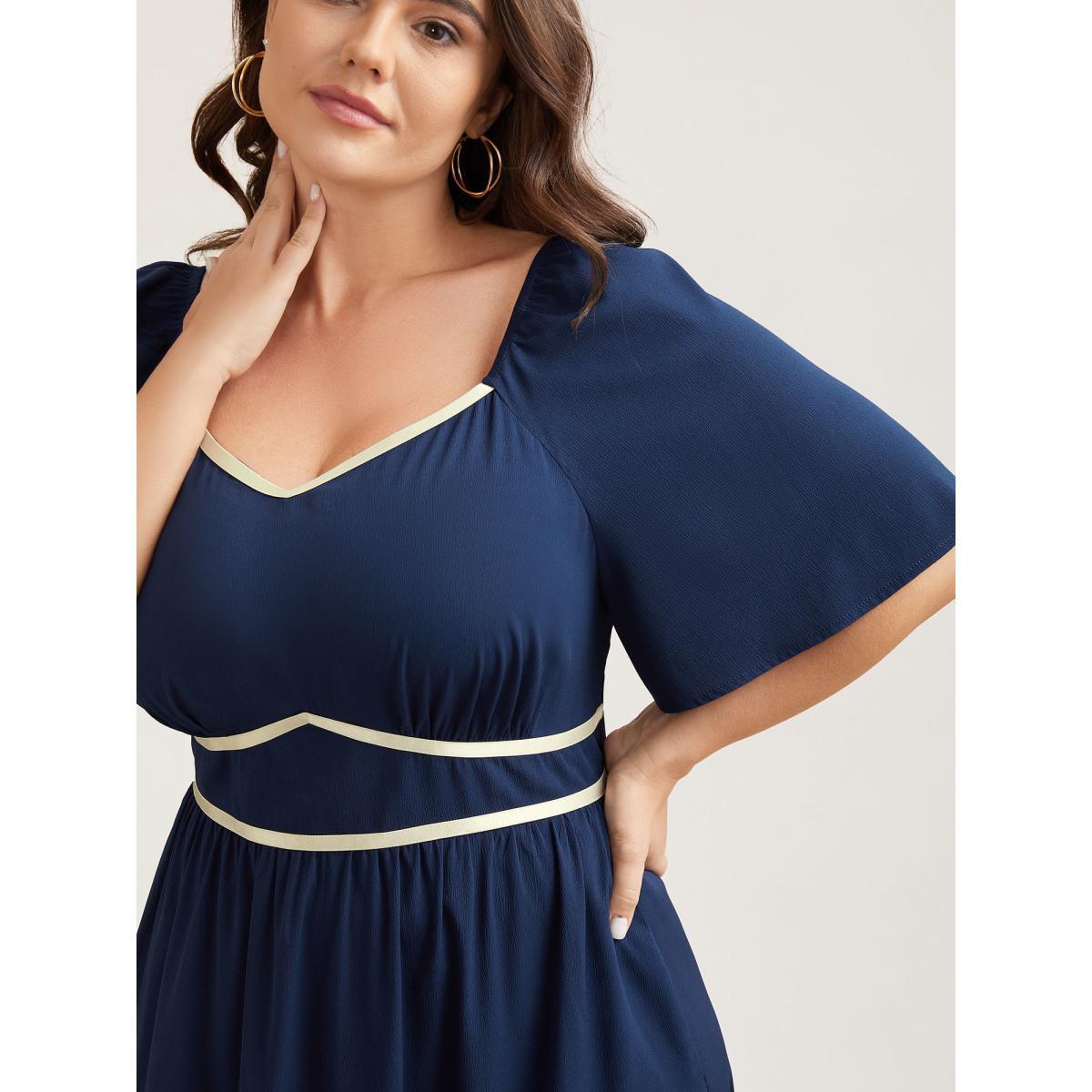 Plus Size Textured Stretchy Waist Milkmaid Style Midi Dress Indigo Women Leisure Woven ribbon&lace trim Heart neckline Short sleeve Curvy BloomChic 14-16/1X Product Image