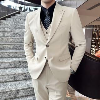 Plain Single-Breasted Blazer / Vest / Mid Rise Tapered Dress Pants / Set Product Image