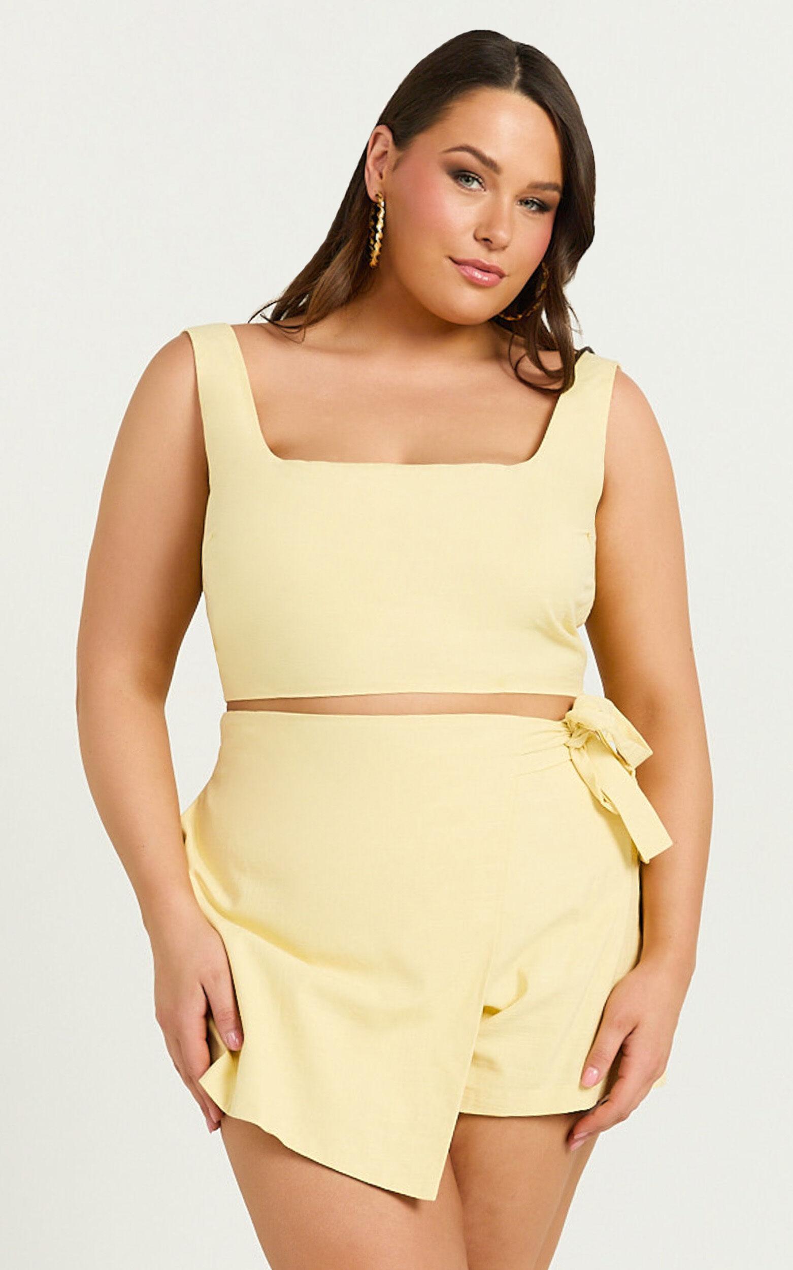 Polina Two Piece Set - Linen Square Neck Crop Top and Tie Waist Skort Set in Lemon Product Image