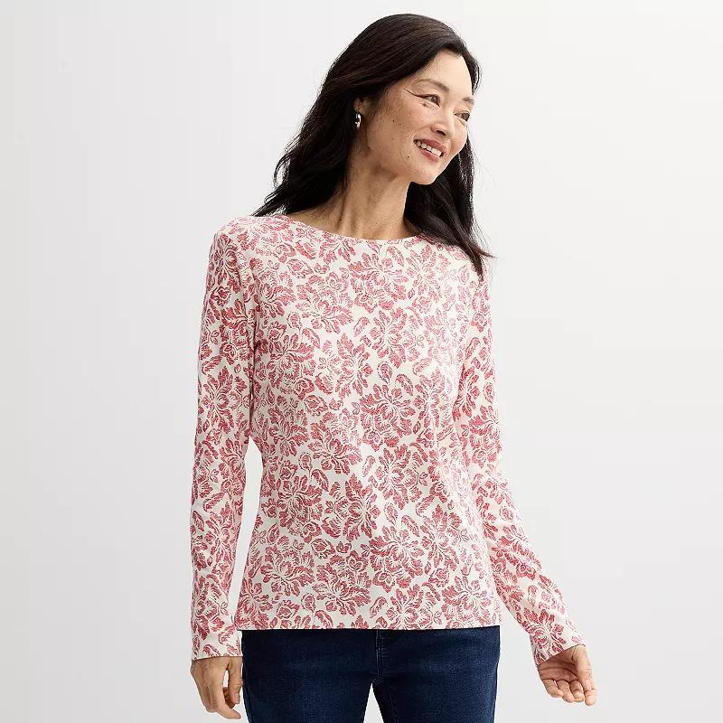 Petite Croft & Barrow® Crewneck Long-Sleeve Tee, Women's, Size: Medium Petite, Red Pink Tiny Blooms Product Image