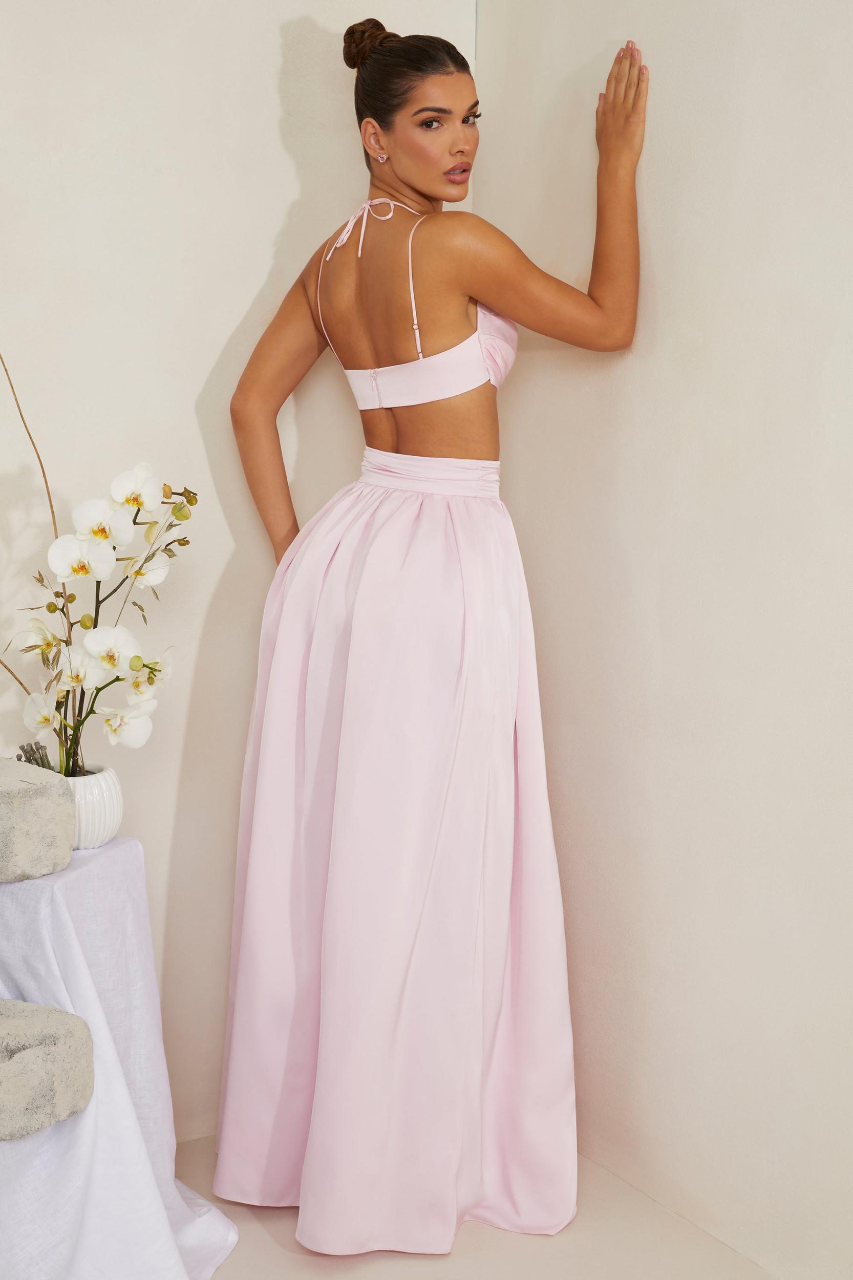 Cowl Neck Heavy Satin Crop Top in Pink Product Image
