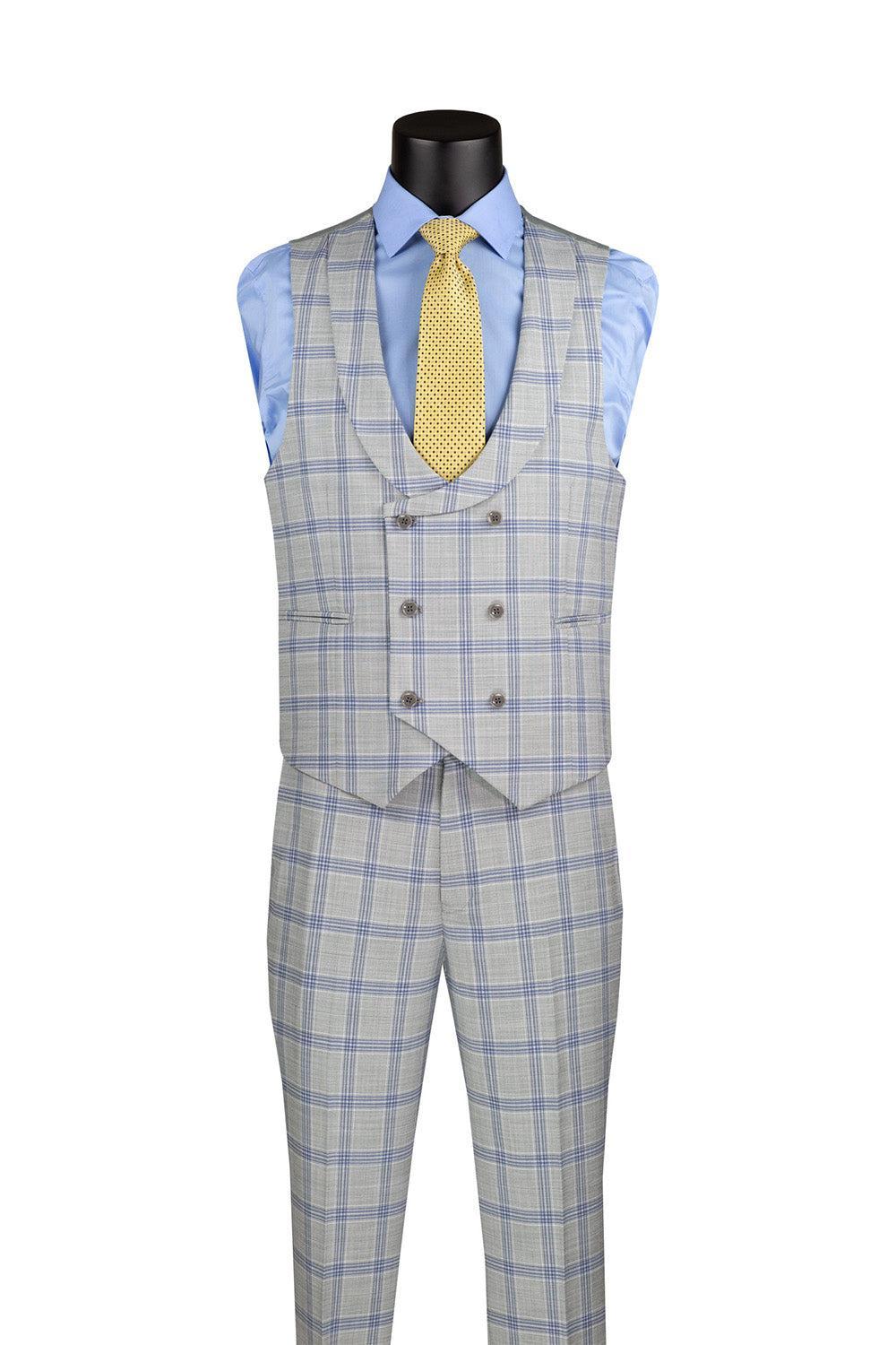 Modern Fit Windowpane Suit 3 Piece with U-Neck Vest in Light Gray Product Image