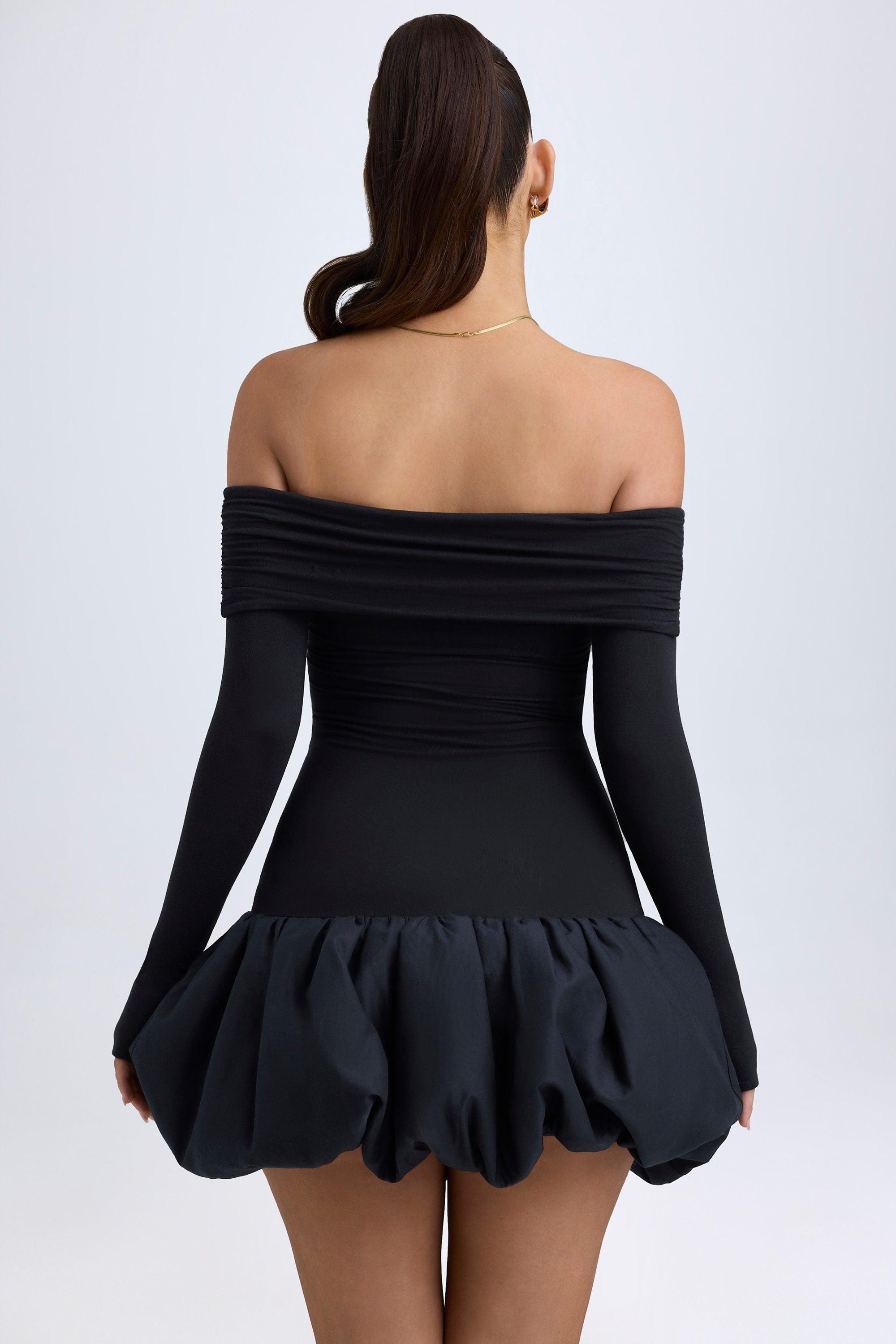 Modal Off-Shoulder Bubble Hem Mini Dress in Black Product Image