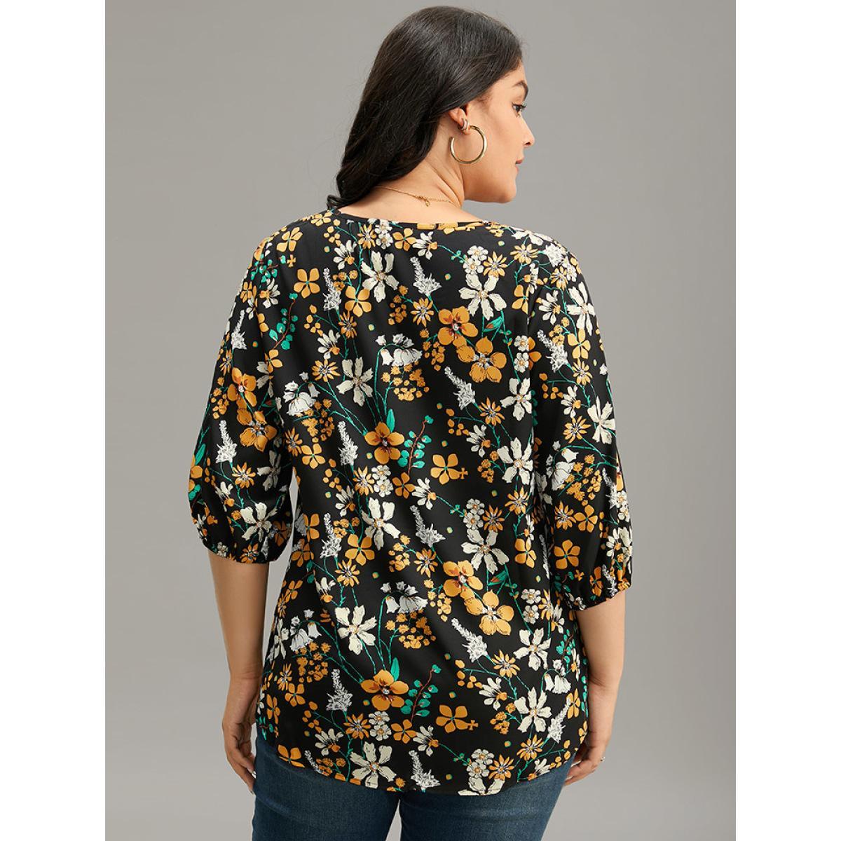 Plus Size Black Floral Print Pleated Notched Lantern Sleeve Blouse Women Elegant Elbow-length sleeve Notched collar Dailywear Blouses BloomChic 10/M Product Image