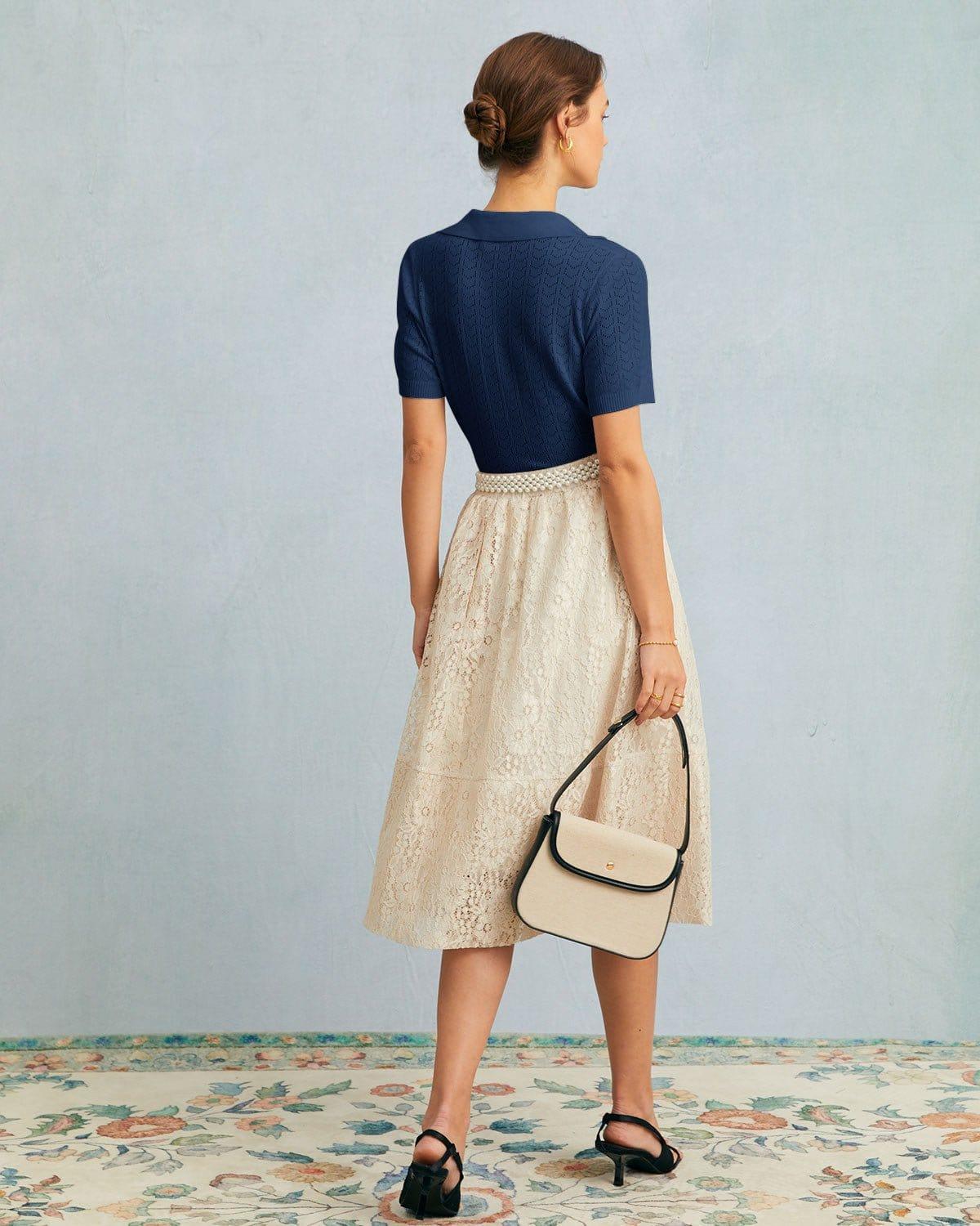 The Navy Collared Pointelle Knit Top Product Image