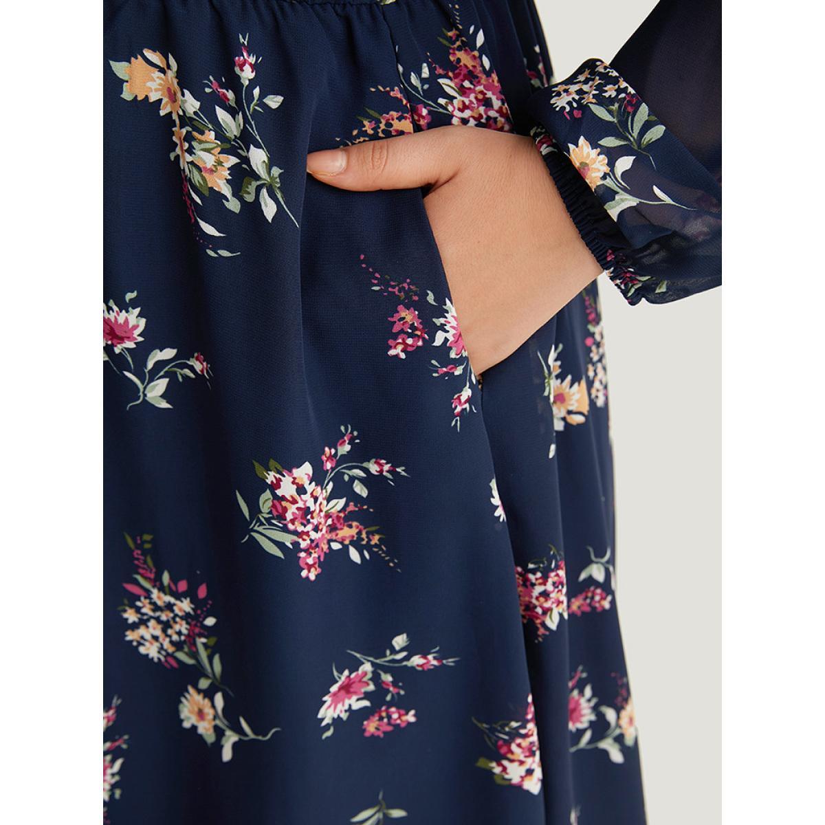 Plus Size Floral Print Surplice Neck Lantern Sleeve Mesh Dress DarkBlue Women Elegant Elastic cuffs V-neck Long Sleeve Curvy Midi Dress BloomChic 12/L Product Image