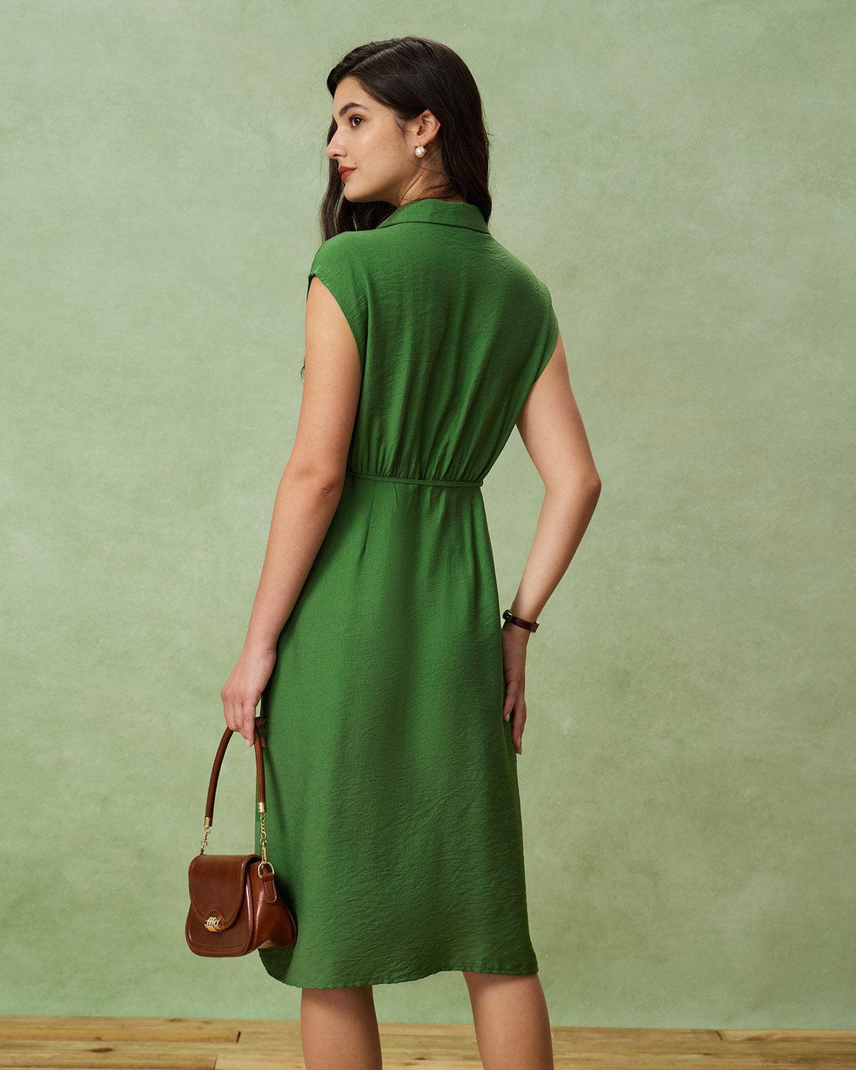 Green Cowl Sleeve Button Midi Dress Product Image