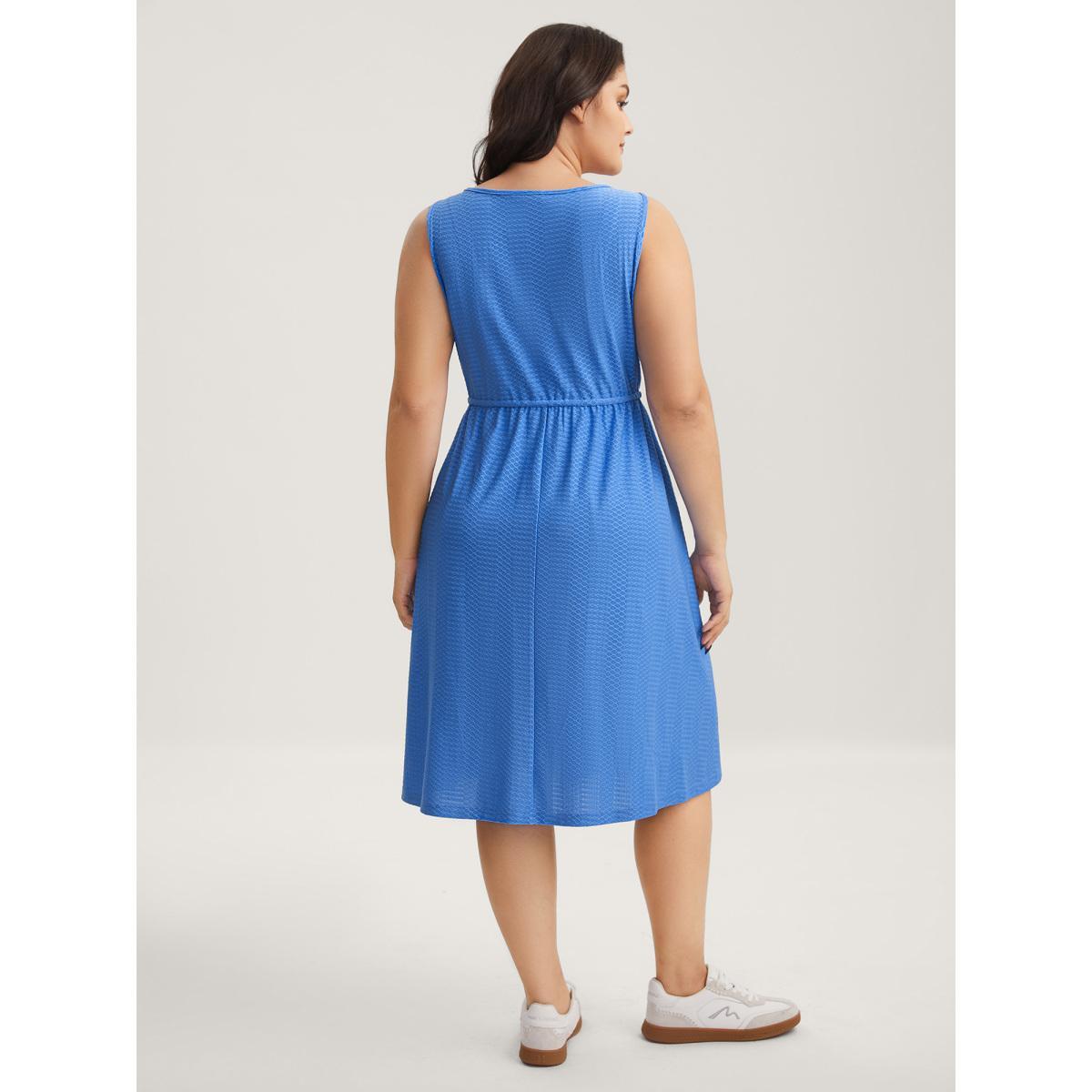 Plus Size Textured Waist Drawstring Pockets Midi Dress Skyblue Women U-neck Sleeveless Curvy BloomChic 10/M Product Image