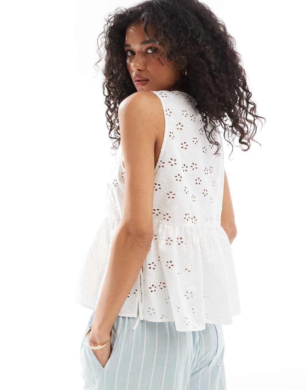 ASOS DESIGN tie side swing top in eyelet in white Product Image