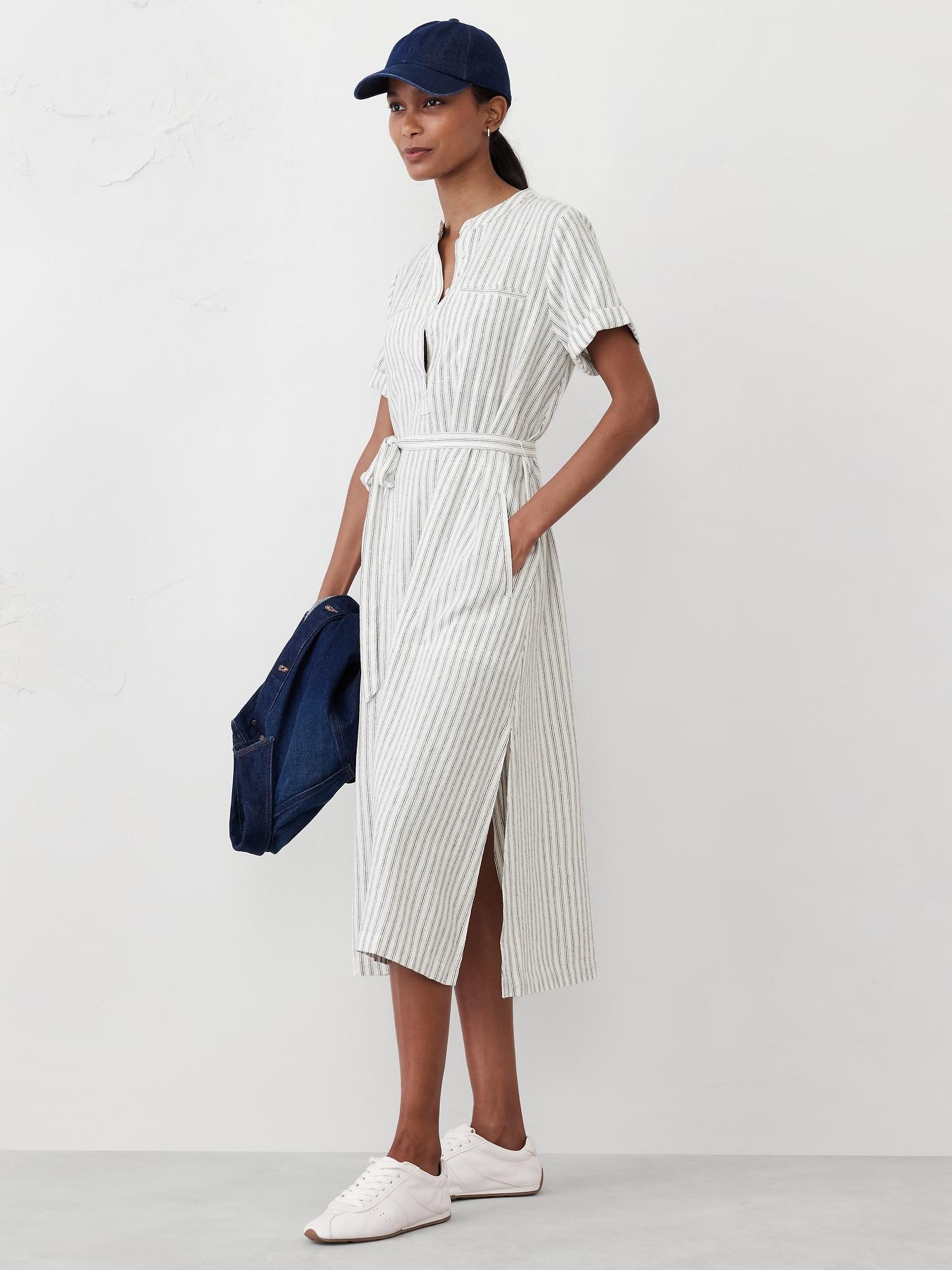 Linen-Blend Utility Midi Shift Dress Product Image