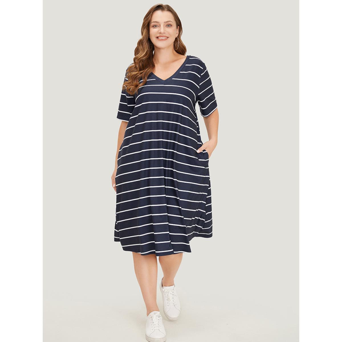 Plus Size Striped Print Pocket Flutter Crossover Back Dress DarkBlue Women Casual Cross straps V-neck Short sleeve Curvy Midi Dress BloomChic 10/M Product Image