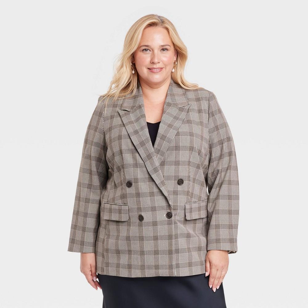 Womens Double Breasted Blazer - A New Day Brown Plaid XXL Product Image