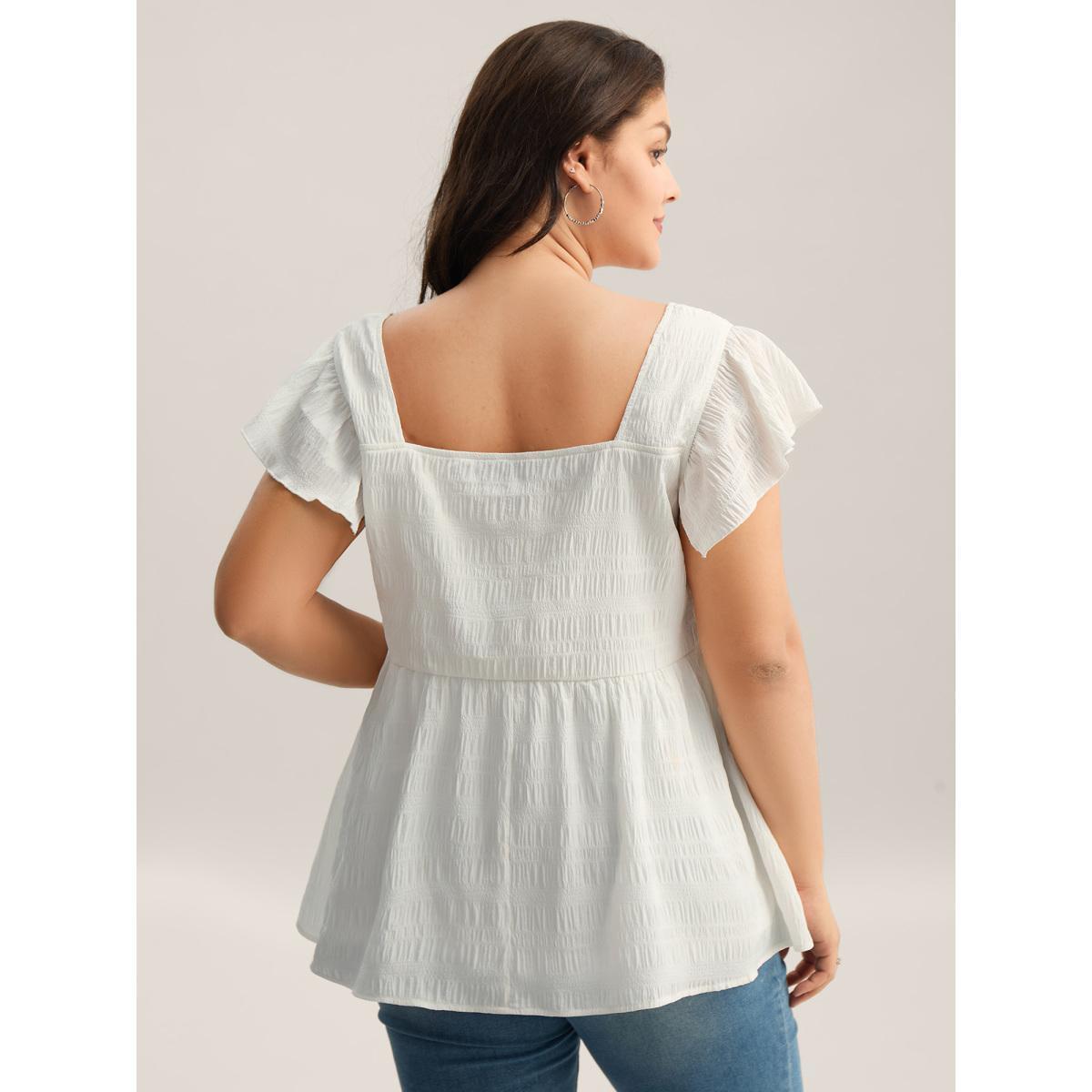 Plus Size Originalwhite Textured Flutter Sleeve Button Detail Blouse Women Cap Sleeve Square Neck Everyday-Casual Blouses BloomChic 10/M Product Image