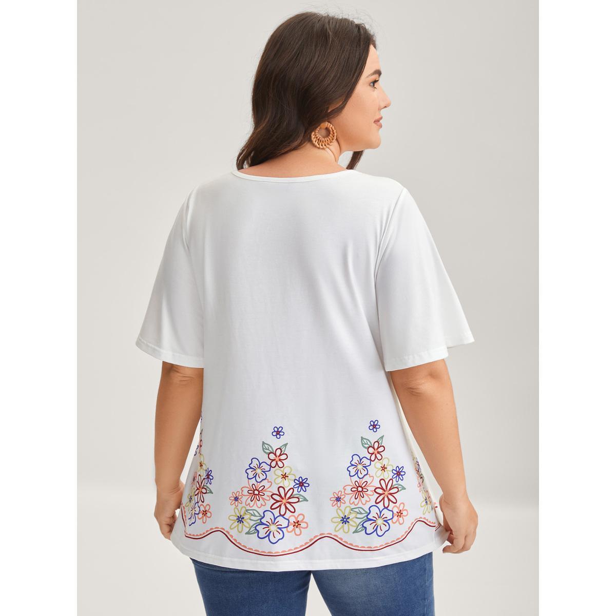 Plus Size Floral Dreams Flared Sleeve Solid T-Shirt WhiteSmoke Women Gathered Round Neck Vacation T-shirts BloomChic 28/5X Product Image