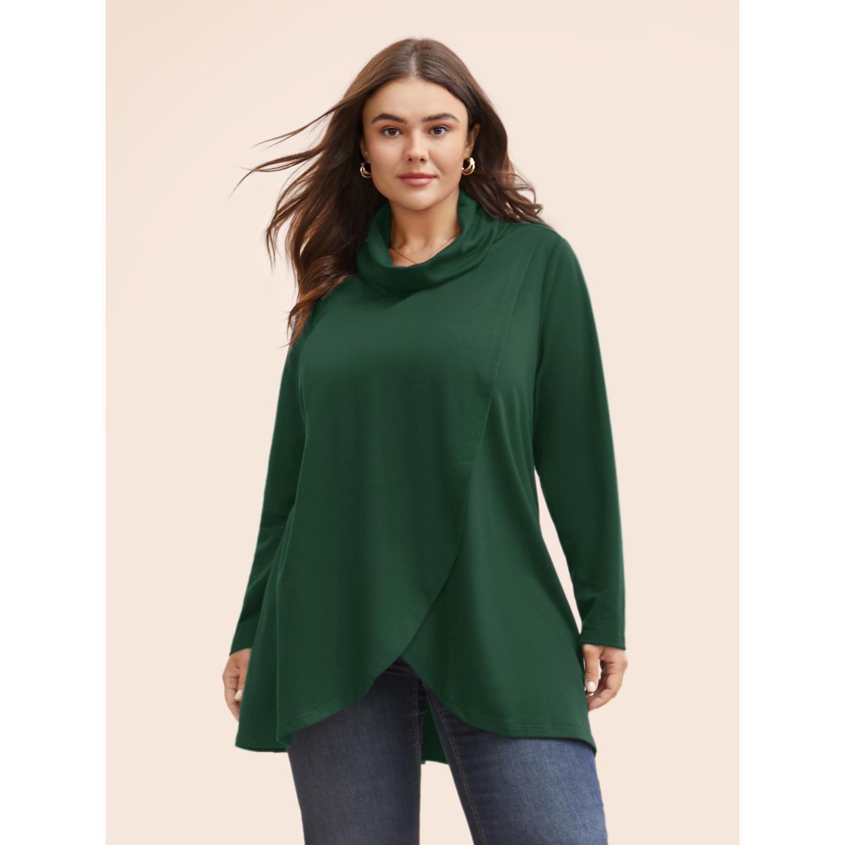 Plus Size Plain Wrap Hem Turtleneck Sweatshirt Women Gray Elegant Wrap Turtleneck Dailywear Sweatshirts BloomChic 30/6X Product Image