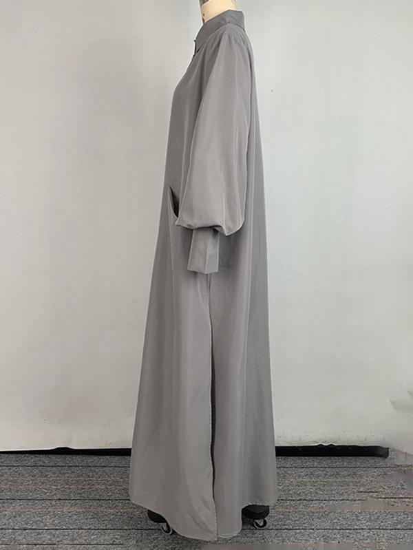 Long Sleeves Loose Solid Color Split-Joint Split-Side Lapel Maxi Dresses Shirt Dress Product Image