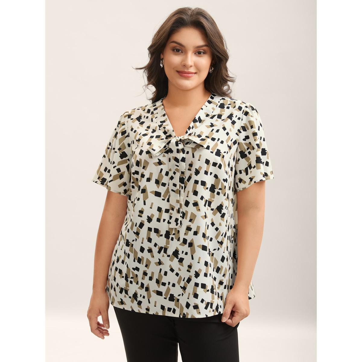 Plus Size Beige Geometric Print Ribbon Collar Blouse Women Short sleeve Ribbon-tied collar Everyday-Elegant Blouses BloomChic 18-20/2X Product Image