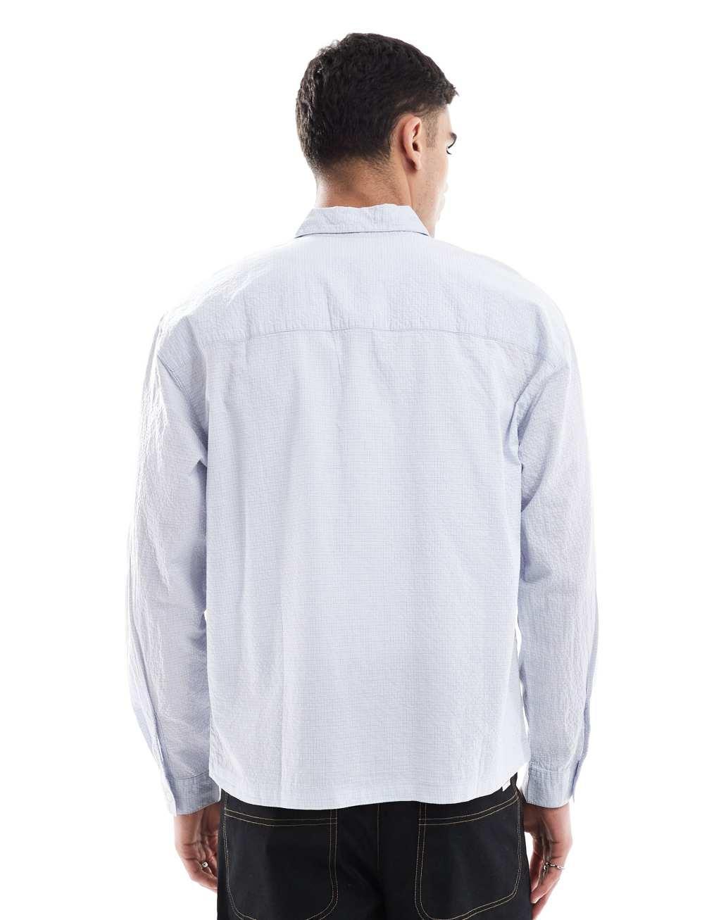 Pull&Bear long sleeve textured check shirt in gray Product Image