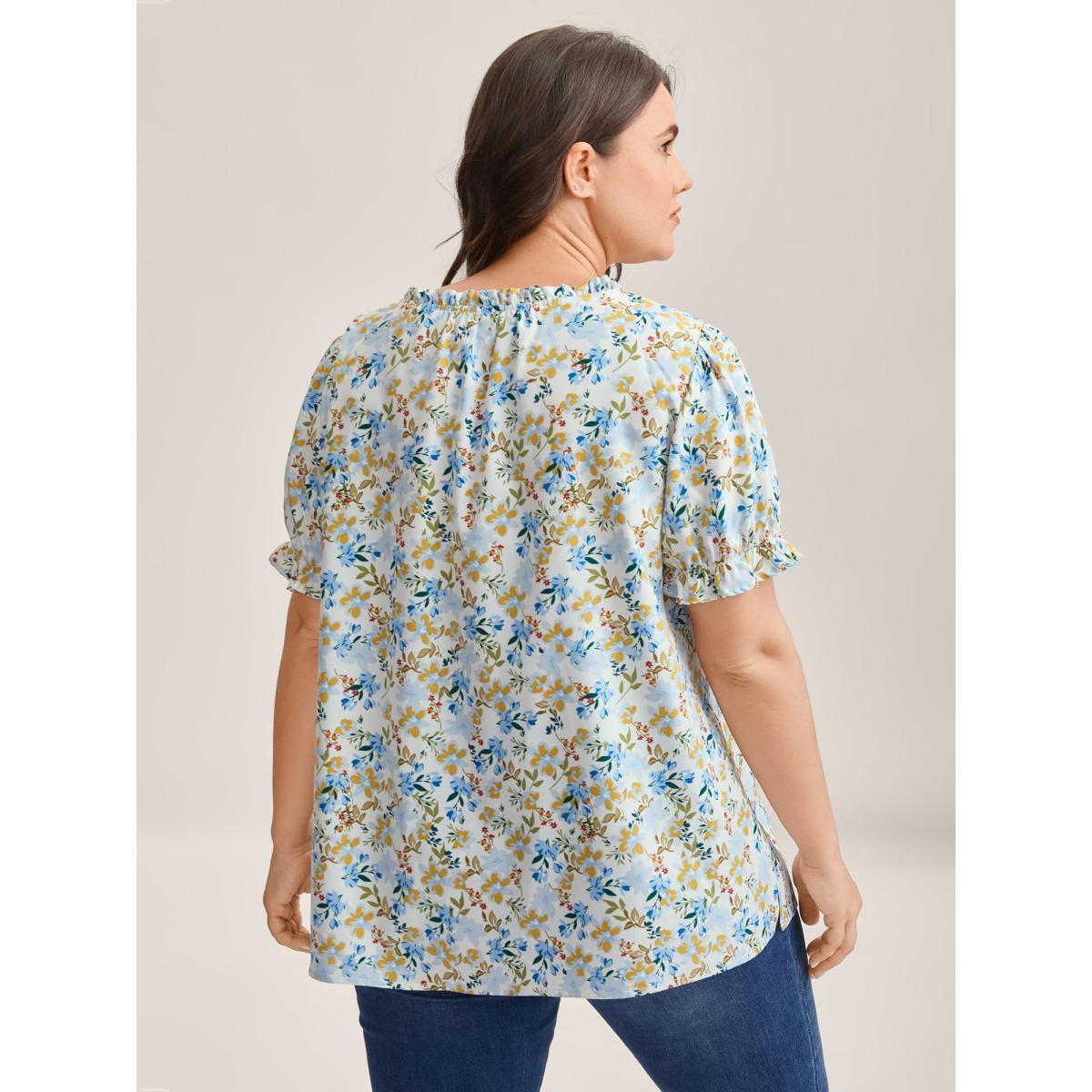 Plus Size LightBlue Floral Print Shirred Neck Blouse Women Leisure Short sleeve Flat collar Casual Blouses BloomChic 22-24/3X Product Image