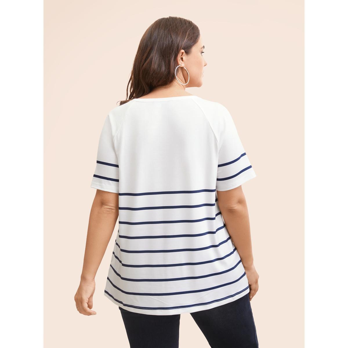 Plus Size Striped Print Raglan Sleeve Button Up T-shirt White Women Casual Contrast Striped Round Neck Everyday T-shirts BloomChic 30/6X Product Image