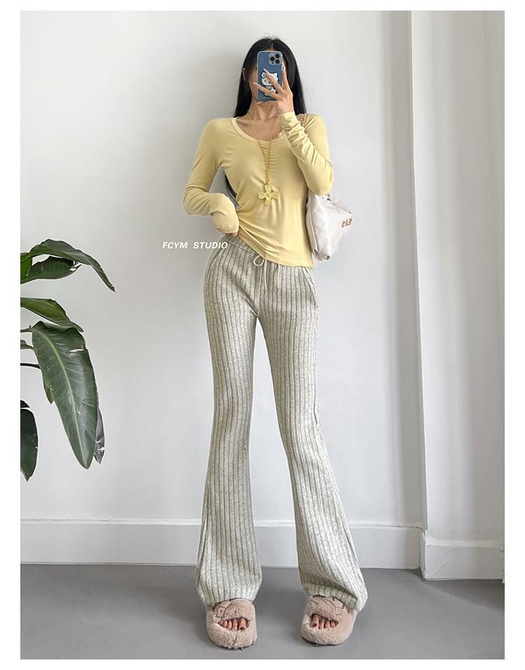 Drawstring Waist Plain Ribbed Flared Pants Product Image