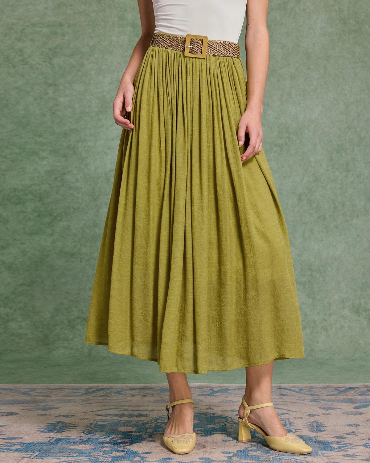 Green Belt Flowy Midi Skirt Product Image