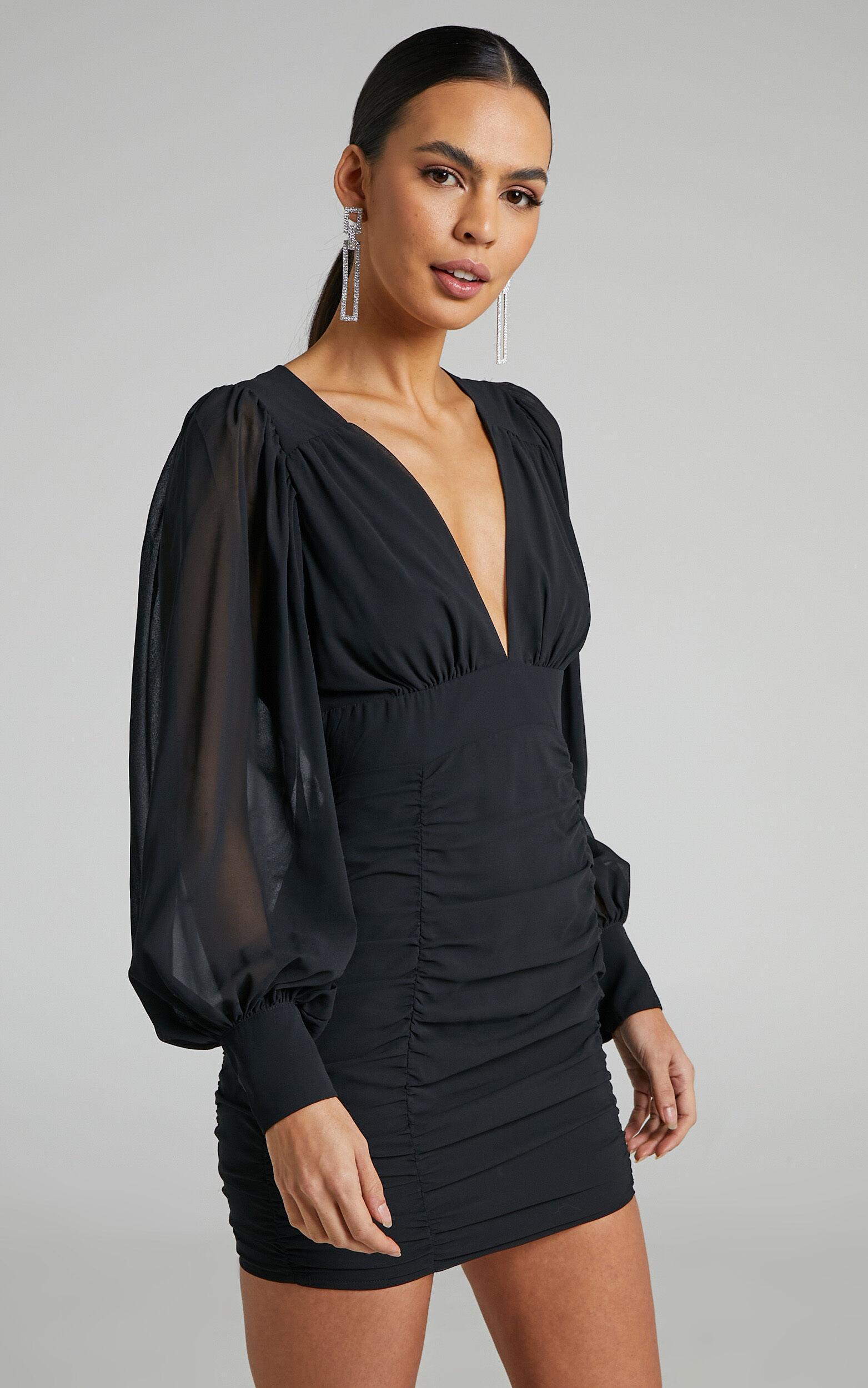 Hollis Mini Dress - Ruched Long Sleeve Plunge Neck Dress in Black Product Image