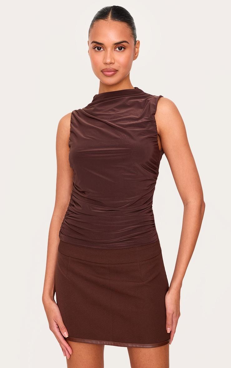 Chocolate Double Layer Slinky Ruched Detail Long Top Product Image