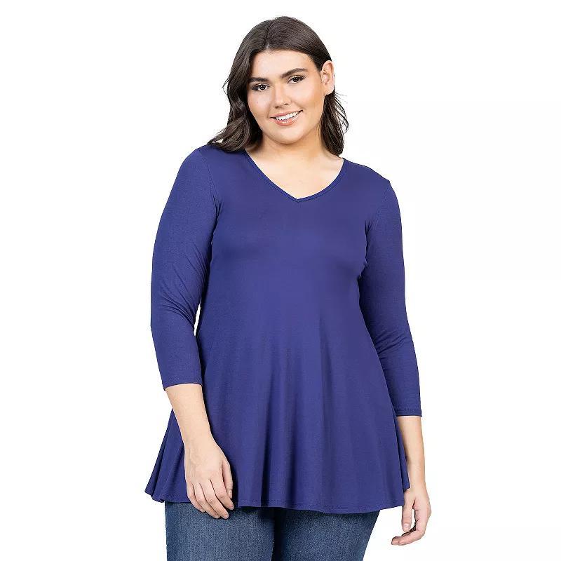 Plus Size 24Seven Comfort Apparel Quarter Sleeve V-Neck Tunic Top, Women's, Size: 2XL, Blue Product Image