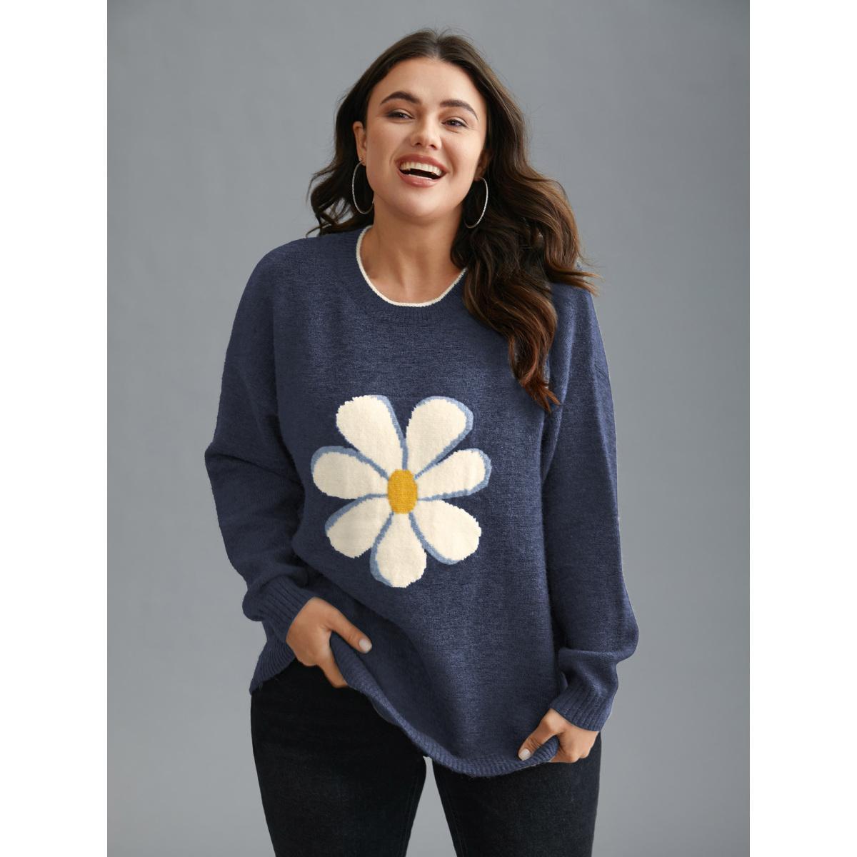 Plus Size Floral Textured Crew Neck Pullover Indigo Women Casual Loose Long Sleeve Round Neck Everyday Pullovers BloomChic 30/6X Product Image