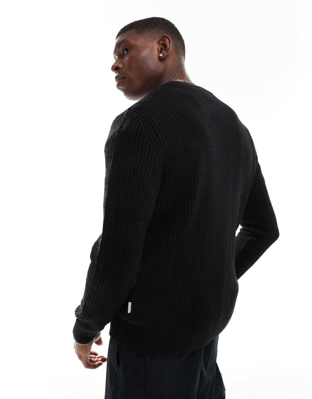 JJ Rebel ribbed crew neck sweater in black  Product Image