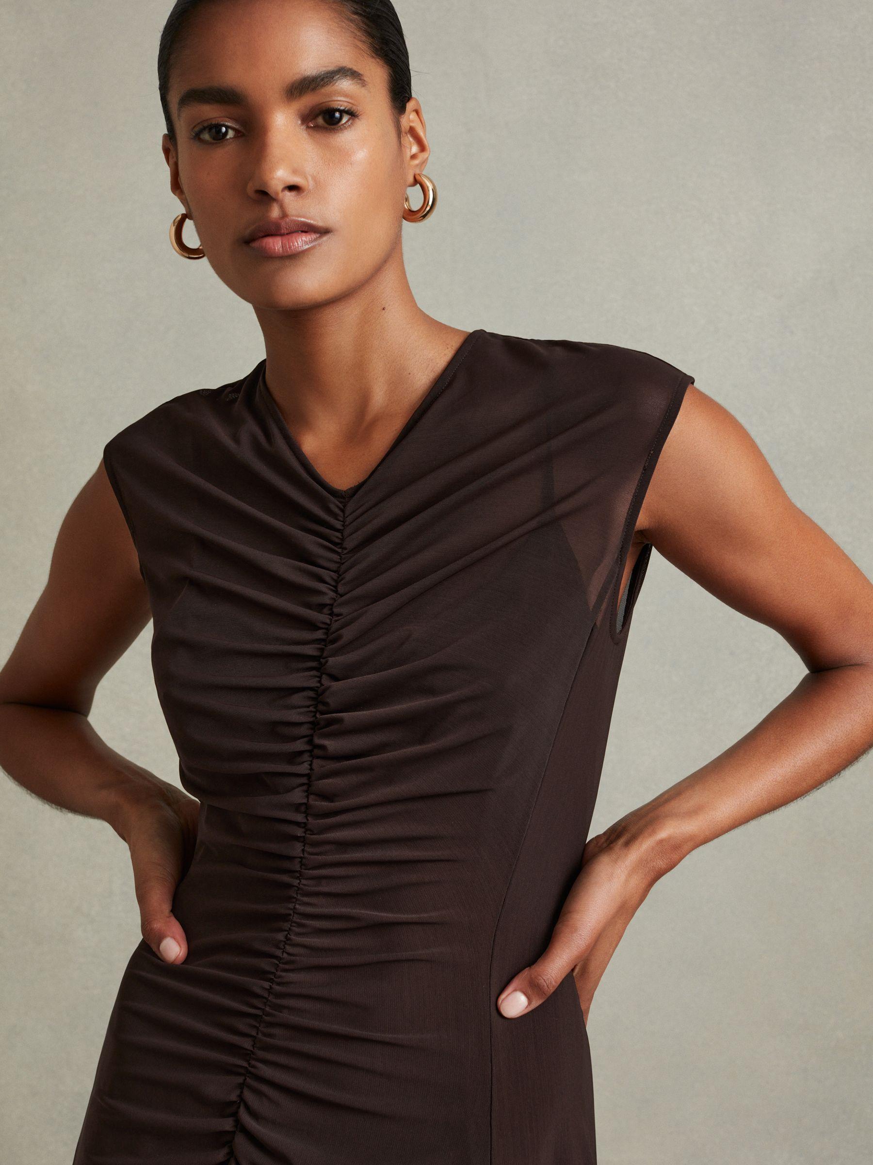 Mesh Ruched Midi Dress in Chocolate Product Image
