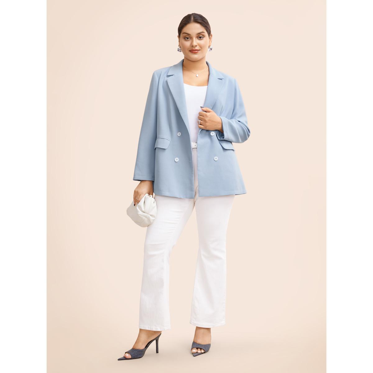 Plus Size Suit Collar Flap Pocket Back Slit Blazer LightBlue Women Everyday Button Sleeve Elbow-length sleeve Suit Collar 12/L Open pocket with flap Elegant Blazers BloomChic Product Image