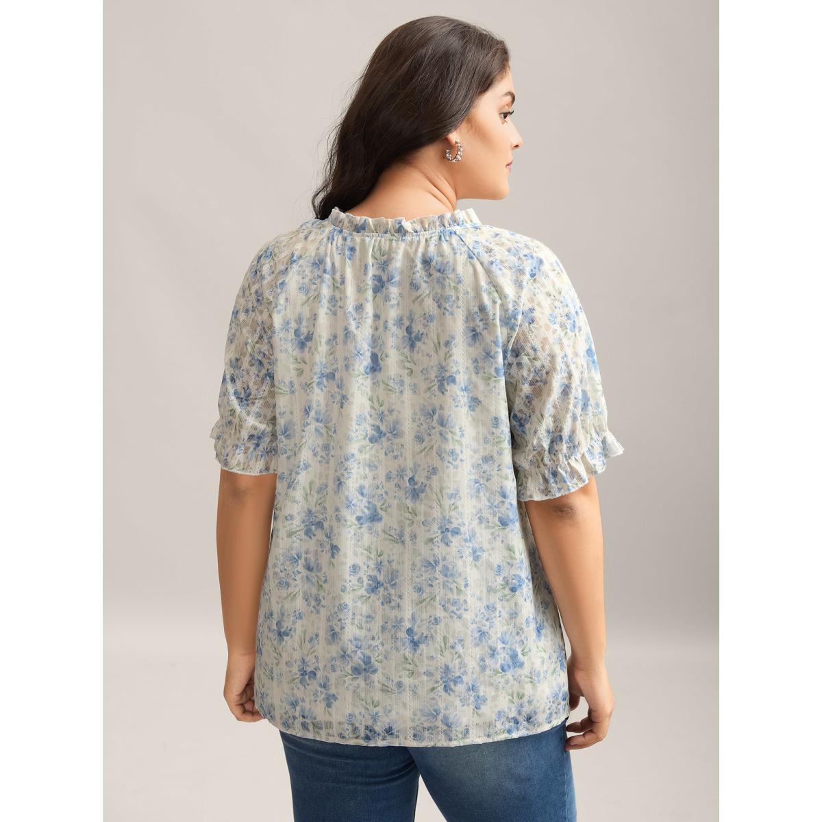 Plus Size Multicolor Floral Print Embroidered Petal Trim Blouse Women Short sleeve Notched collar Everyday-Elegant Blouses BloomChic 22-24/3X Product Image
