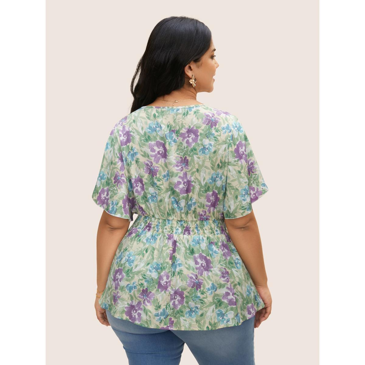 Plus Size Multicolor V Neck Floral Petal Sleeve Pleated Blouse Women Elegant Short sleeve V-neck Everyday Blouses BloomChic 18-20/2X Product Image